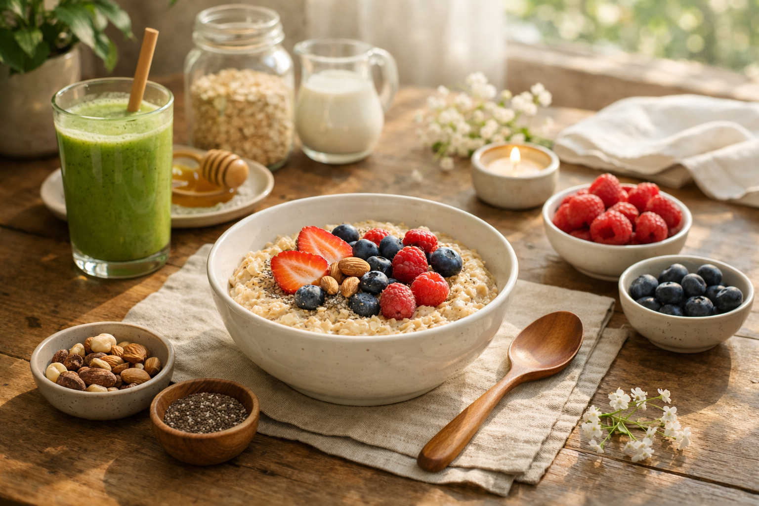 Peaceful morning breakfast table with oatmeal bowl, fresh berries, green smoothie, and natural ingredients in soft morning light, calming zen atmosphere