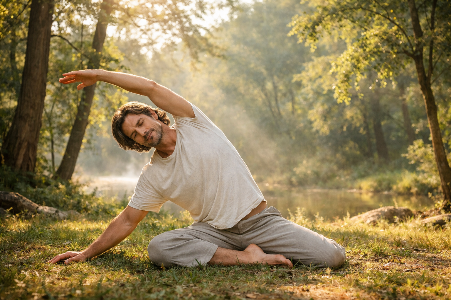 Man doing gentle yoga stretches in peaceful natural setting with trees and soft sunlight, calm wellness atmosphere, no yoga mat visible
